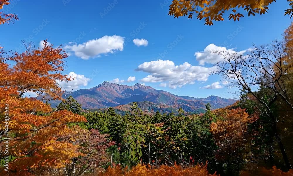 Picturesque Autumn Landscape with Orange Foliage Green Trees and Mountains Against a Cloudy Blue Sky Picturesque Autumn Landscape with Orange Foliage Green Trees and Mountains Against a Cloudy Blue Sky