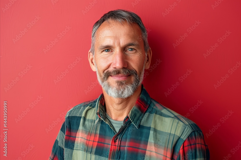 Portrait of a handsome senior man with gray beard and mustache on a red background