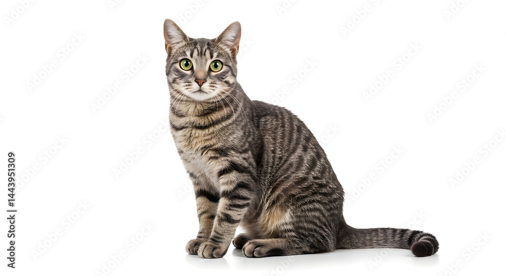 Fototapeta premium Front-facing high-definition studio photo of a domestic short hair cat sitting on a white seamless background, fur color gray with tabby stripes, ears perked, eyes wide open and alert 