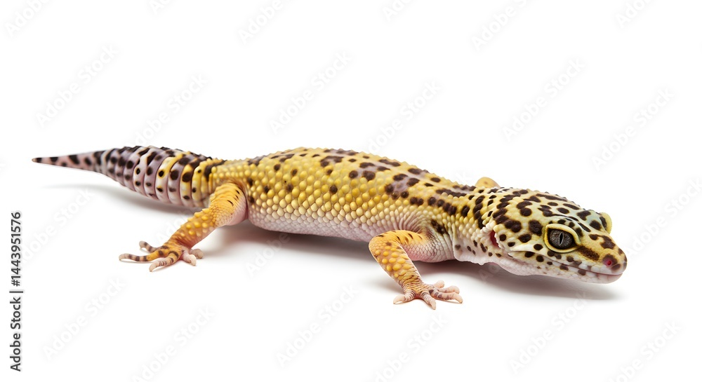 Studio portrait of a leopard gecko on a bright white background, body in a crawling position, detailed skin pattern in yellow and brown, tail curled slightly
Studio portrait of a leopard gecko on a bright white background, body in a crawling position, detailed skin pattern in yellow and brown, tail curled slightly