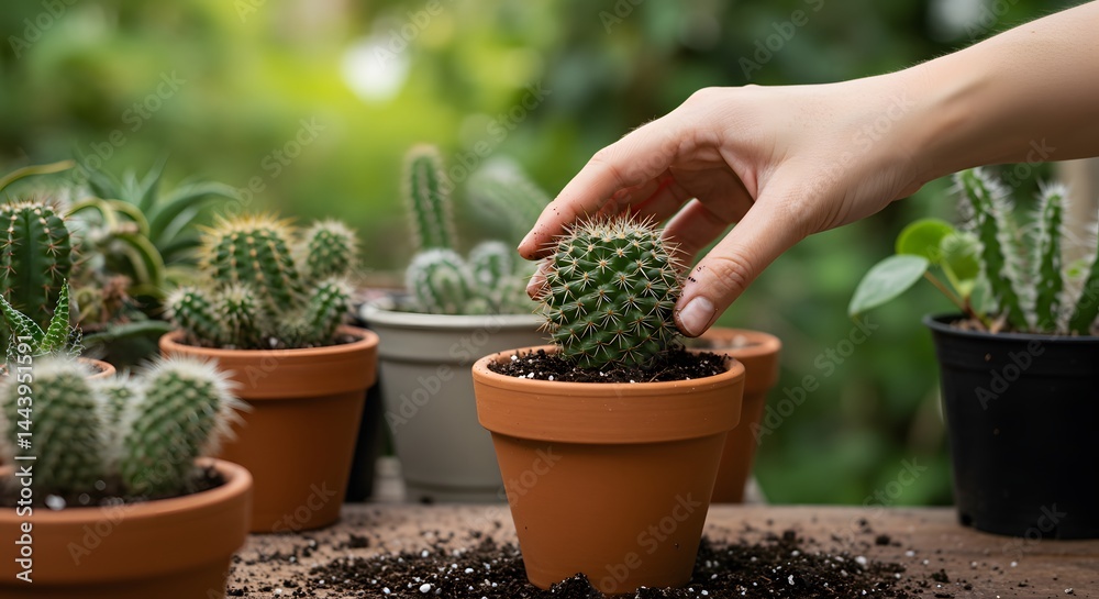 A hand tending to a small round cactus in a terracotta pot surrounded by other potted cacti plants A hand tending to a small round cactus in a terracotta pot surrounded by other potted cacti plants