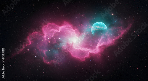 Celestial Planet: Dreamlike Pink Nebula and Teal Orb