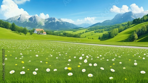 Alpine meadow landscape with small house nestled in the mountains
