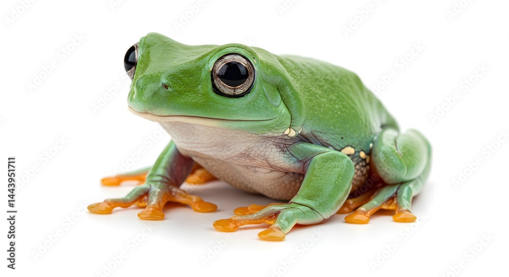 Obraz premium Macro studio photograph of a bright green tree frog isolated on a white background, moist skin texture, orange toes with suction pads, eyes large and reflective, body slightly turned 