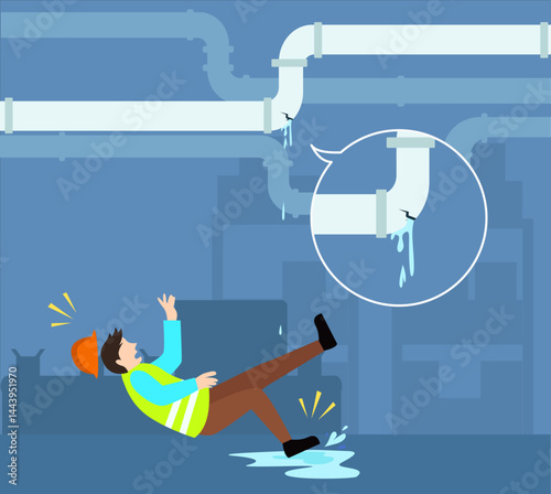 Construction worker slipping on a wet floor caused by a leaking pipe,  illustration of a man falling after slipping on water from a burst pipe