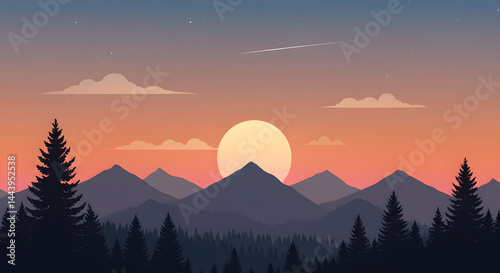 Serene Sunset: Silhouette Mountains and Forest