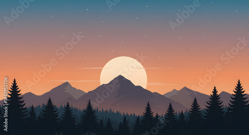 Serene Sunset: Silhouetted Mountains and Forest