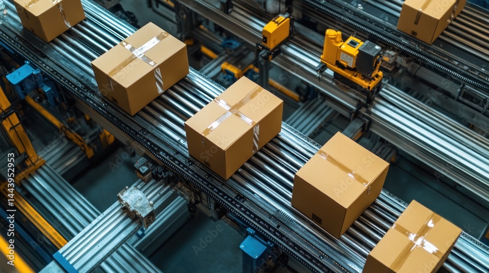Automated Warehouse: Cardboard Boxes on Conveyors Automated Warehouse: Cardboard Boxes on Conveyors