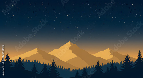 Serene Mountain Landscape: Golden Sunset, Starry Night