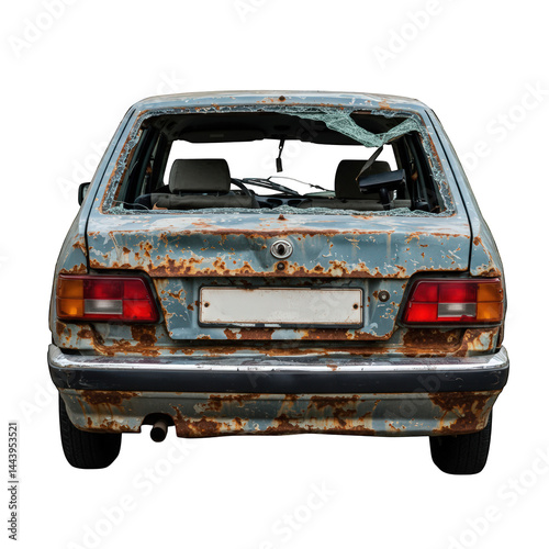 Decayed Auto: Back View of a Heavily Rusted and Damaged Car