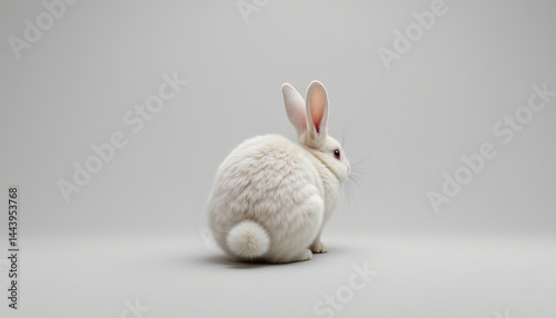Fluffy white bunny with soft tail sits calmly on smooth neutral background
