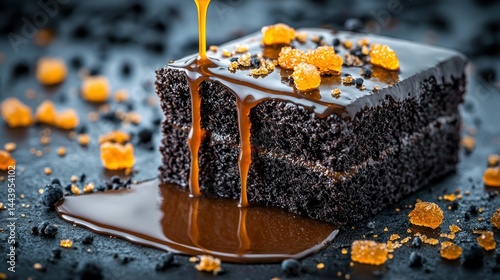 Decadent chocolate cake slice drizzled with caramel