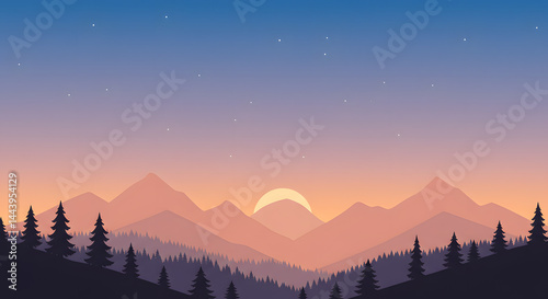 Serene Sunset Mountain Landscape: Silhouetted Pines and Warm Hues