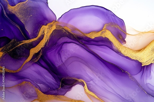 Intricate abstract design with flowing purple and gold hues.