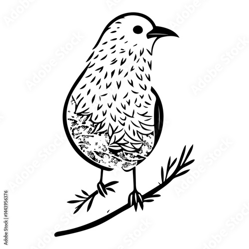 Monochrome avian illustration perched serenely on a stylized branch sketch