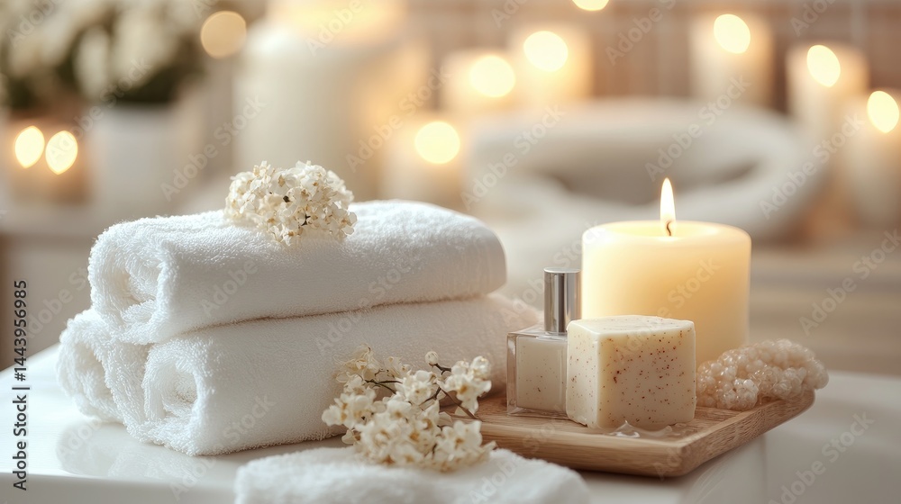 A serene bathroom scene featuring a wooden table adorned with candles. fresh flowers. and neatly rolled towels. evoking relaxation and tranquility in a warm. inviting atmosphere A serene bathroom scene featuring a wooden table adorned with candles. fresh flowers. and neatly rolled towels. evoking relaxation and tranquility in a warm. inviting atmosphere