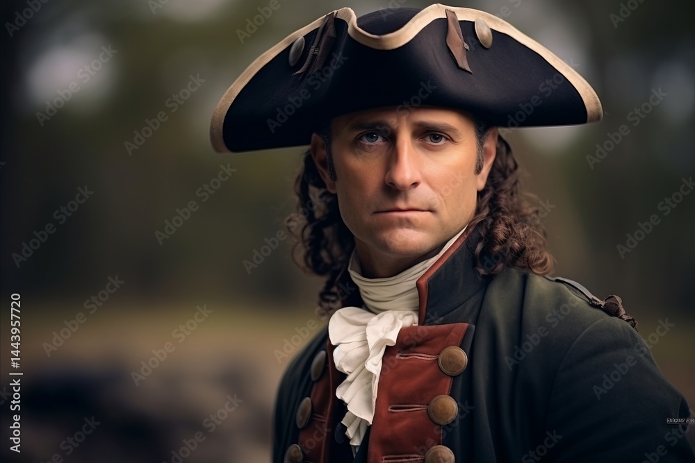 Portrait of a man in pirate costume on a forest background.