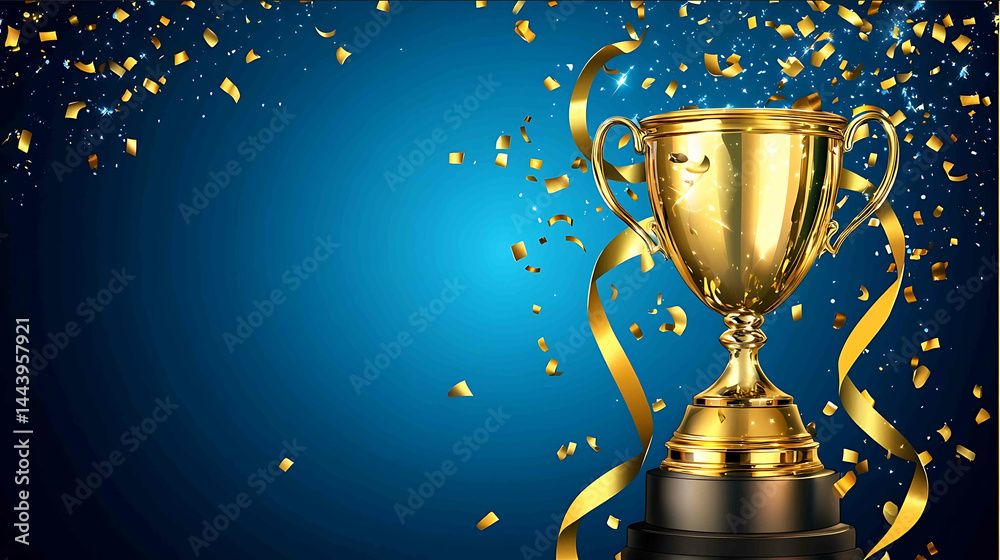 Copy space on right Golden trophy with blue background with confetti and golden ribbon Copy space on right Golden trophy with blue background with confetti and golden ribbon