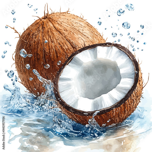 Halved Coconut With, watercolor vector, isolated on a white background.