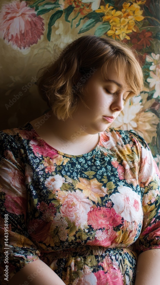 A relaxed woman resting in a floral patterned chair.