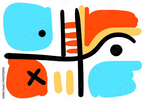 Abstract colorful pop art design with bold black lines, geometric shapes, and vibrant orange, yellow, and blue accents. 
