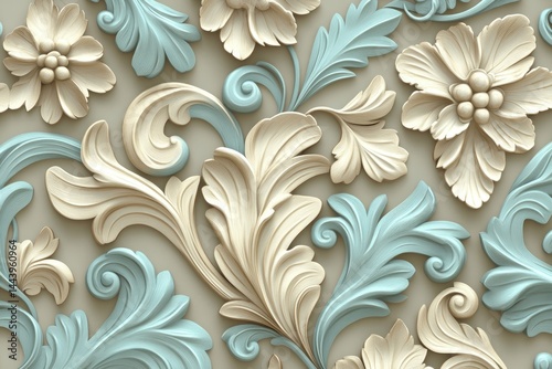 Intricate floral design featuring soft blue and beige tones. showcasing detailed craftsmanship. ideal for decorative art. backgrounds. or textile patterns