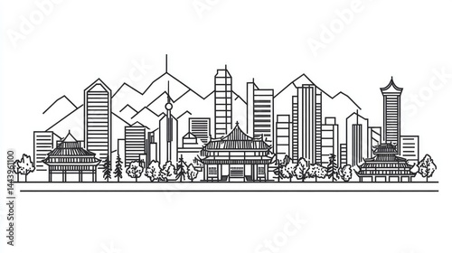 A detailed line art illustration depicting a bustling city skyline with modern skyscrapers and traditional architecture. set against a backdrop of majestic mountains