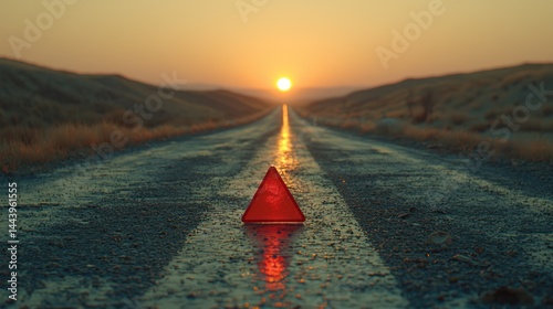 Empty road, sunset, warning triangle