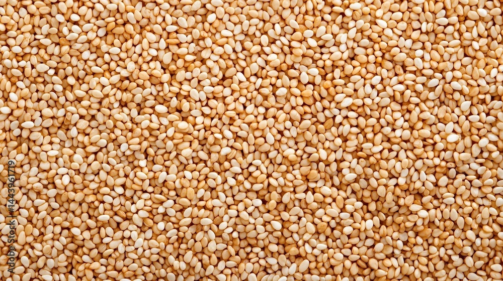 Fototapeta premium under 200 characters): A close-up view of many raw sesame seeds, showcasing their light brown and beige tones in a densely packed pattern.