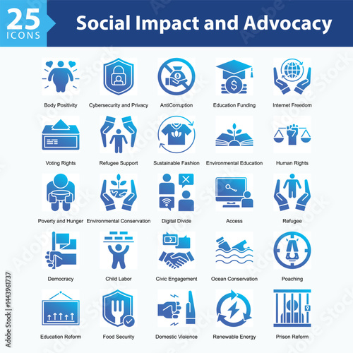 Social Impact & Advocacy is a collection of icons in sheet format illustrating global social issues, human rights movements, and sustainability campaigns supporting positive societal change.	

