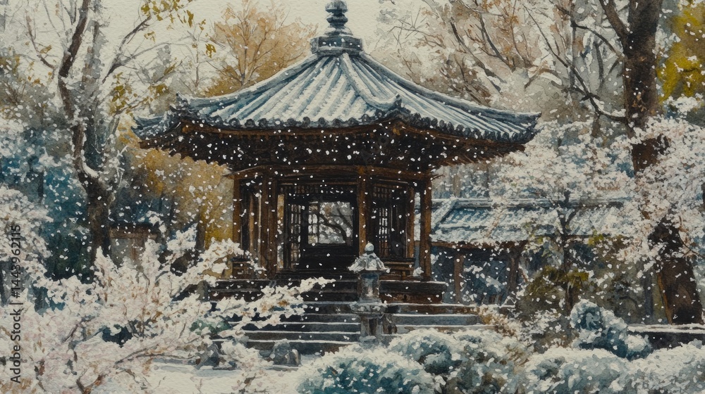 Fototapeta premium Snowy winter scene of a traditional Asian gazebo.