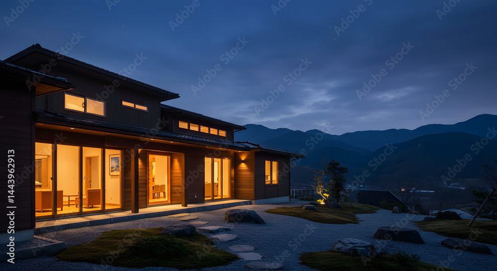 Fototapeta premium Illuminated Mountainside Home: Serene Twilight Architecture