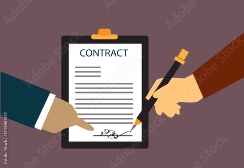 Signing a contract and a hand pointing where to sign. Editable Clip Art.