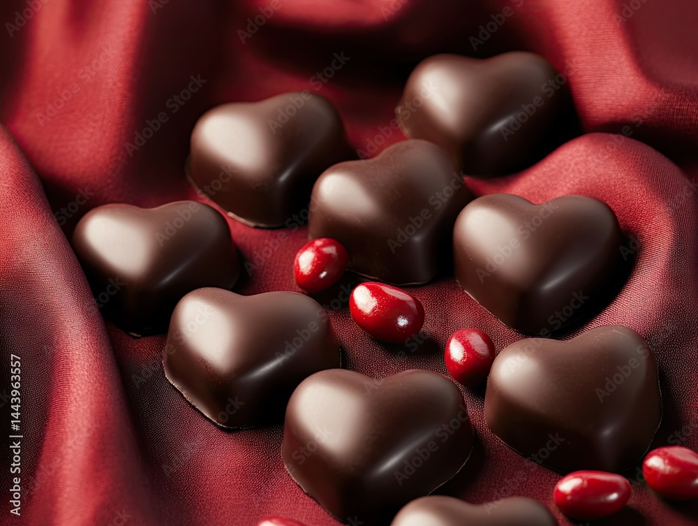 Fototapeta premium A close-up view of heart-shaped chocolate candies adorned with red toppings. elegantly arranged on a rich. burgundy fabric backdrop. ideal for romantic occasions or dessert promotions