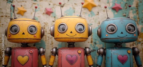 Three Vintage Robots with Hearts: A Digital Art Piece
