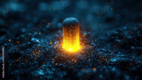 Obraz na płótnie Fiery, glowing cylinder in dark, dusty ground w salonie