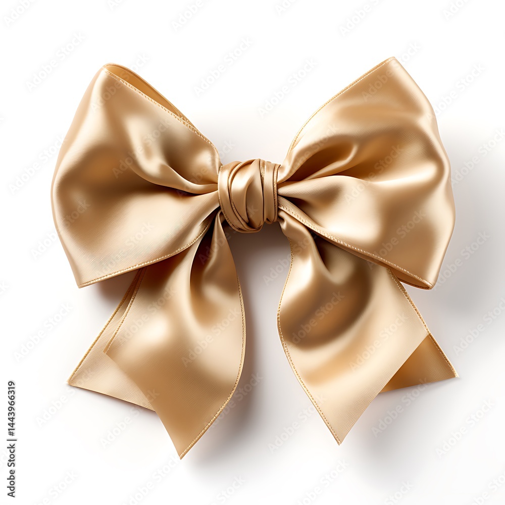 A large, shiny satin bow in a light gold color, on a white background. A large, shiny satin bow in a light gold color, on a white background.