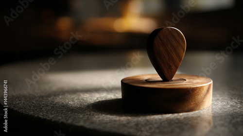 Wooden teardrop location marker on a round base with a small inset.