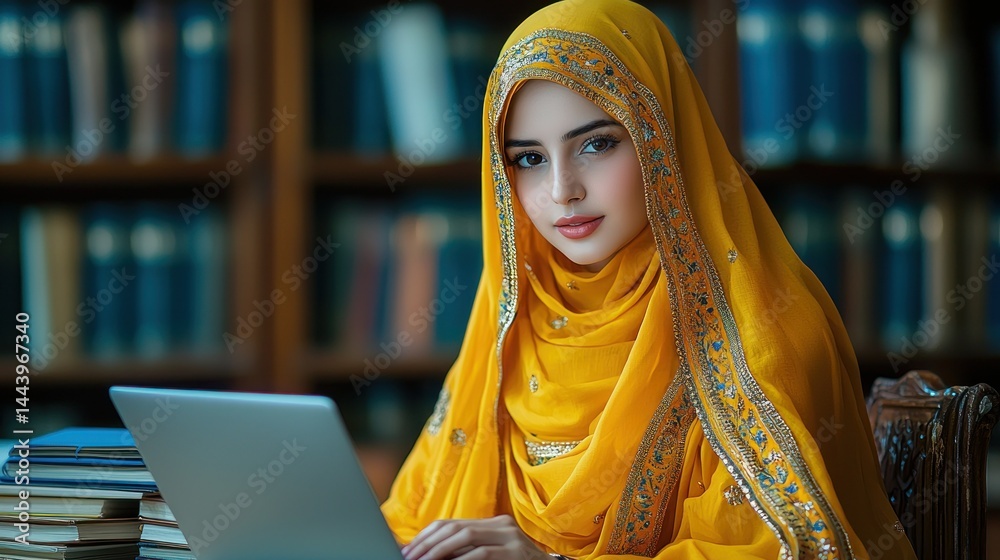 Focused young woman in hijab studying