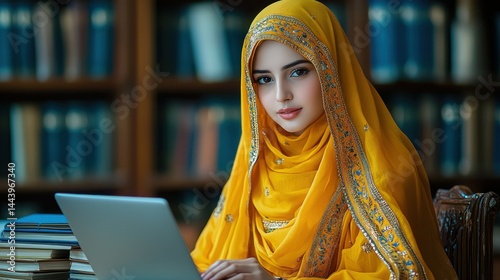 Obraz na płótnie Focused young woman in hijab studying w salonie