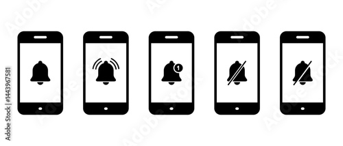 Notification bell on mobile phone icon set collection. Smartphone alarm sign symbol