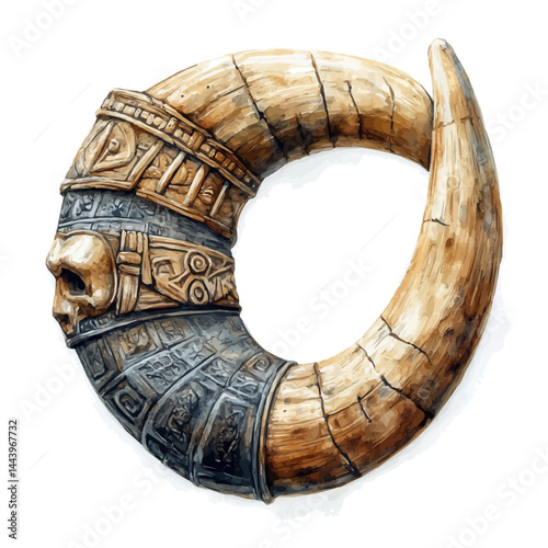 Gunpowder Horn With Carvings, vector watercolor illustration, isolated on a white background.