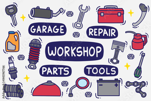 set of workshop doodle with color good for background, wallpaper, element design, icon, etc	