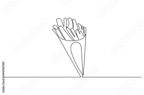 Continuous one line drawing of French fries. Single line drawing illustration of Fat french fries fast food. Junk food concept vector art. Doodle line illustration.