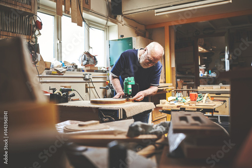 Foto A senior handyman working in his home garage or workshop cutting or sanding wood