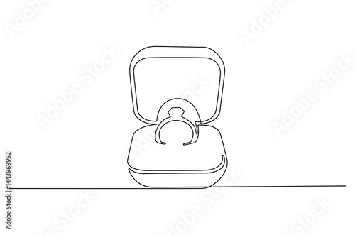 Continuous one line drawing of Opened ring box with ring. Single line drawing illustration of Wedding ring. Married or marriage concept vector art. Doodle line illustration.
