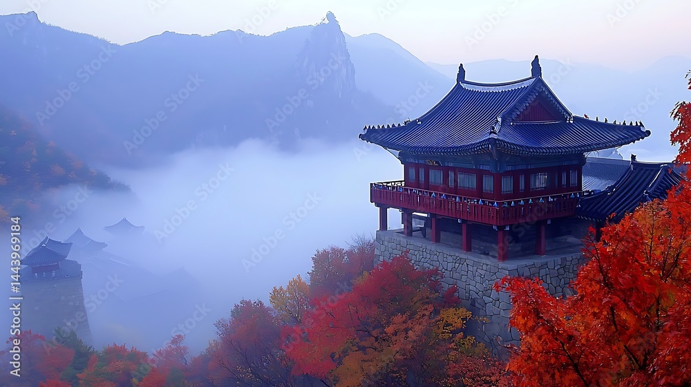 Obraz premium Misty mountaintop temple with autumn foliage.