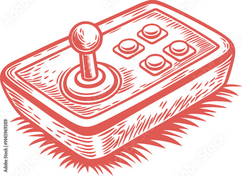 A retro, monochromatic line art illustration of a classic arcade joystick with four buttons.