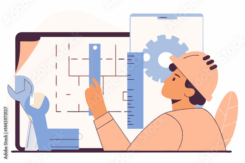 A colorful illustration depicting a person wearing a hard hat, examining a blueprint with a ruler, alongside a wrench and a tablet displaying a gear, representing engineering, construction planning