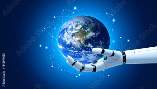 AI technology. Robot holding planet Earth in hand. Modern technology. Data science. Analytics. 